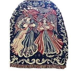 3 Angels Playing Instrument Fringe Blanket Throw Tapestry Holiday 66” X 45” 1993